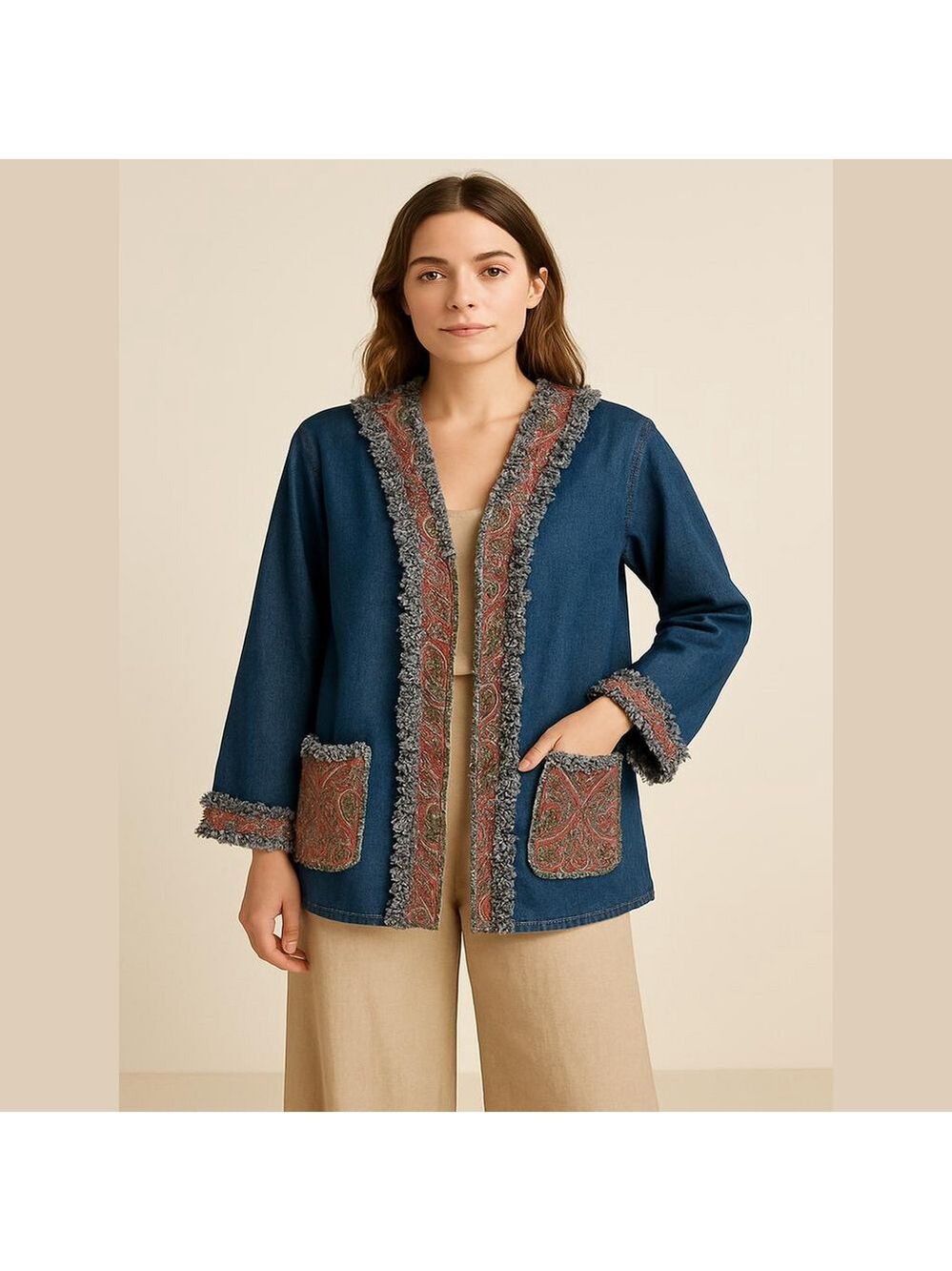 80s Handmade Vintage Denim Blue Paisley Trim Women's Open Jacket Jean Jacket